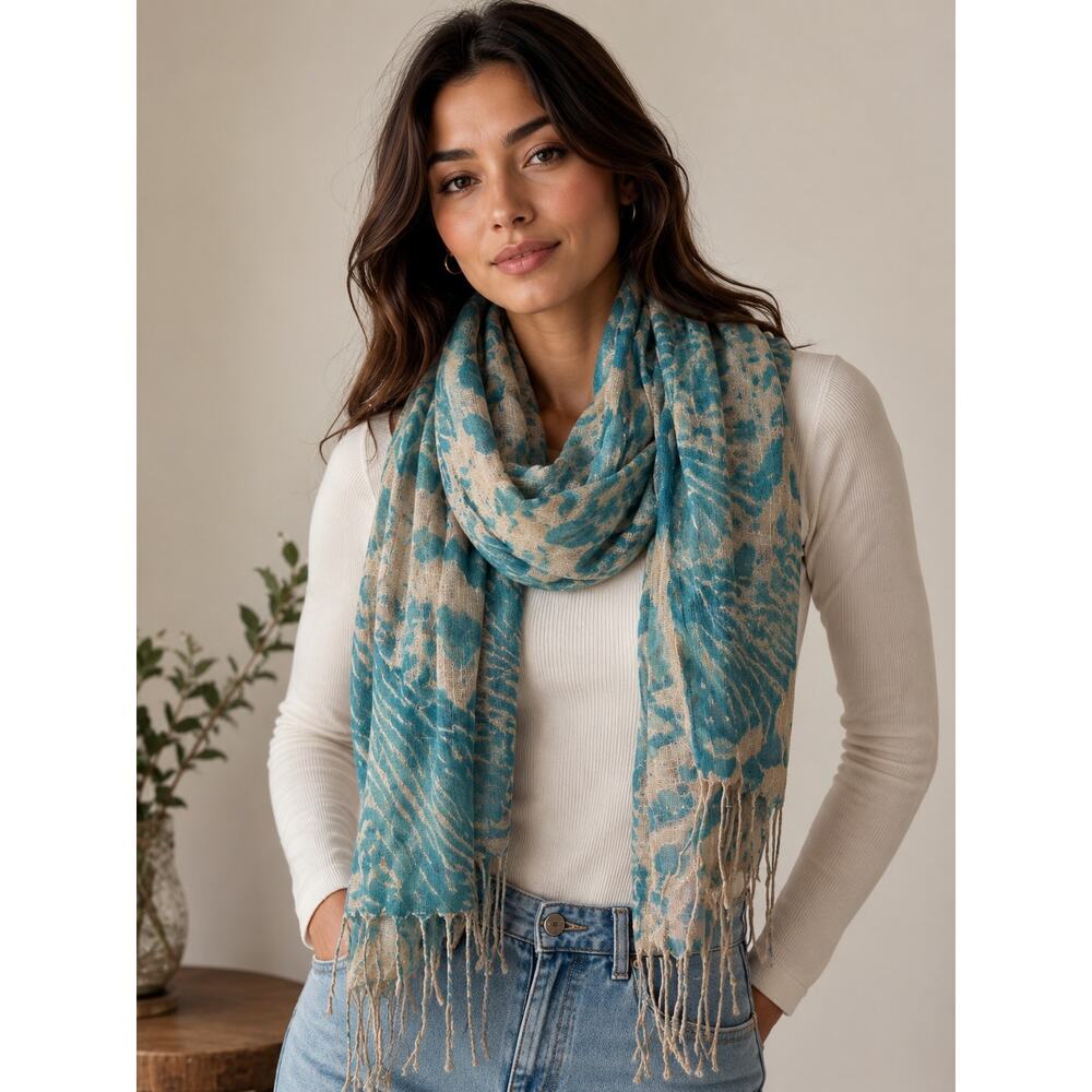 Blue & White Print Scarf Lightweight Fringe Boho Festival Indie Trending